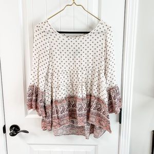American Eagle Pink Paisley Floral Boho Peplum Top Flared Sleeves Size Small